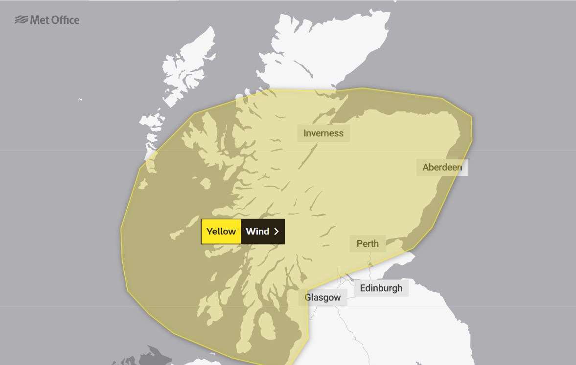 A yellow weather warning for strong wind has been issued by the Met Office.