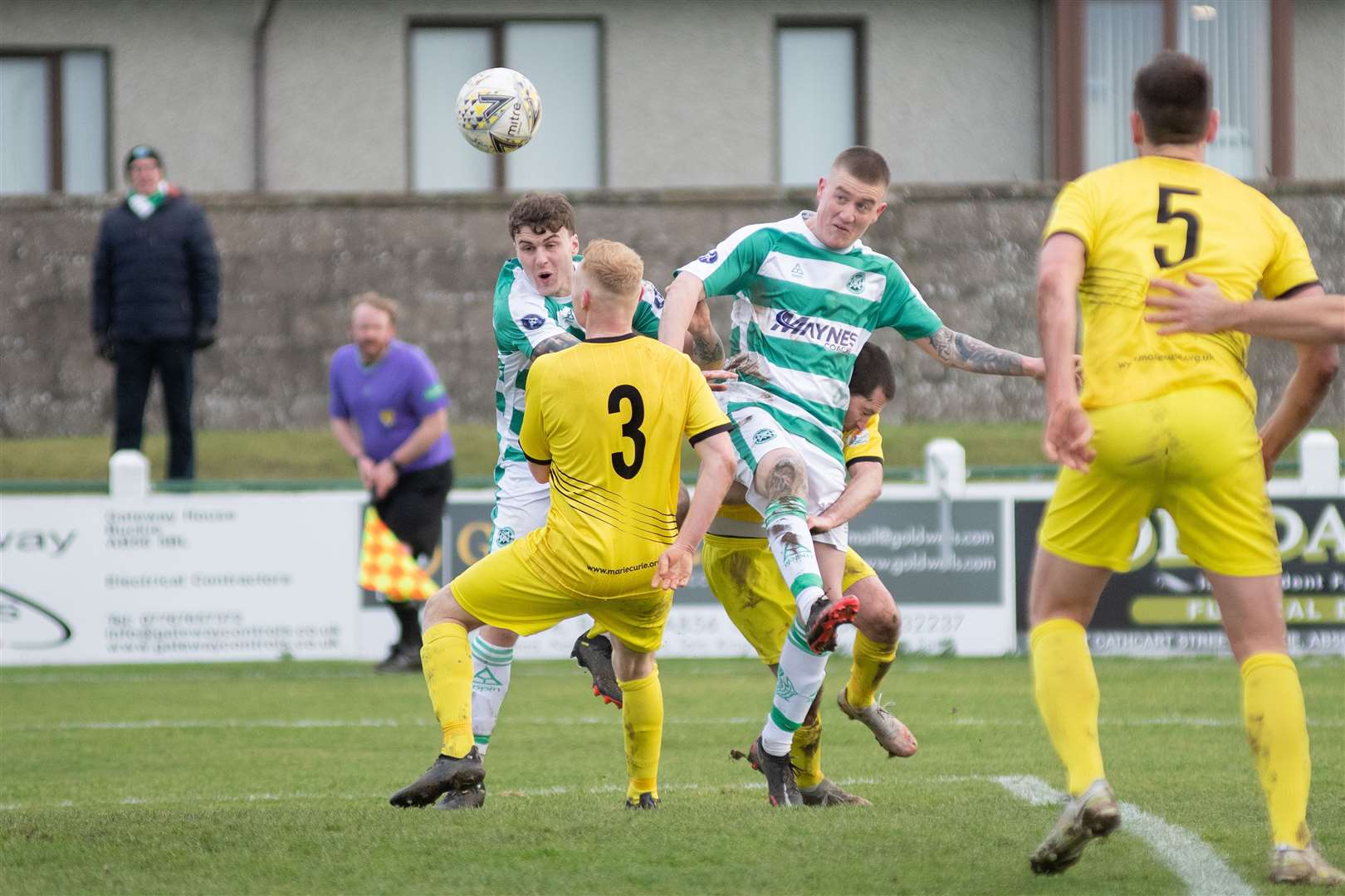 Buckie forward Kyle MacLeod (right) heads home a second half goal for the Jags. ..Picture: Daniel Forsyth..