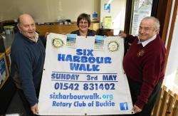 Six harbour walk convener Peter Macdonald, left, Buckie Rotary president-elect Jo Farquhar and committee member Bill Greig get preparations underway for this year's event.