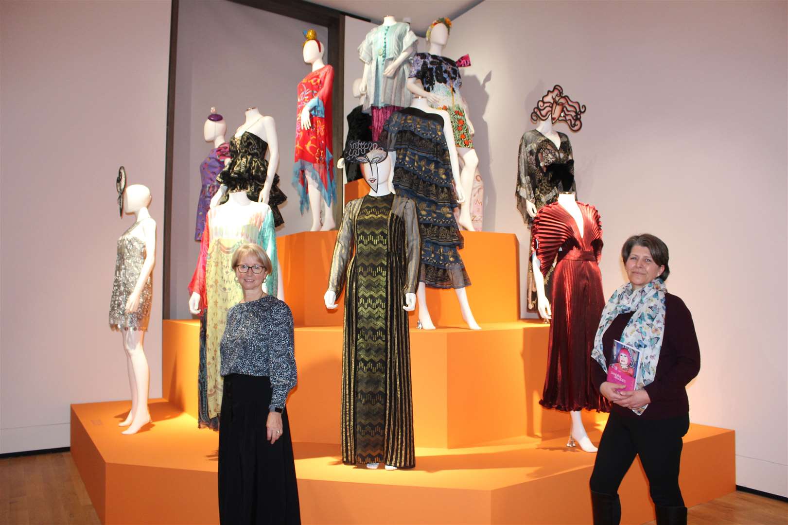Collections and conservation officer with the Fashion and Textile Museum in London Gill Cochrane (left) and councillor Marie Boulton at the Zandra Rhodes exhibition.