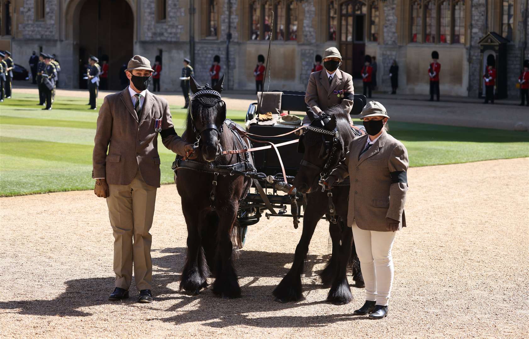 Fell ponies Balmoral Nevis and Notlaw Storm and the Duke of Edinburgh’s driving carriage in the Quadrangle of Windsor Castle (Ian Vogler/Daily Mirror/PA)