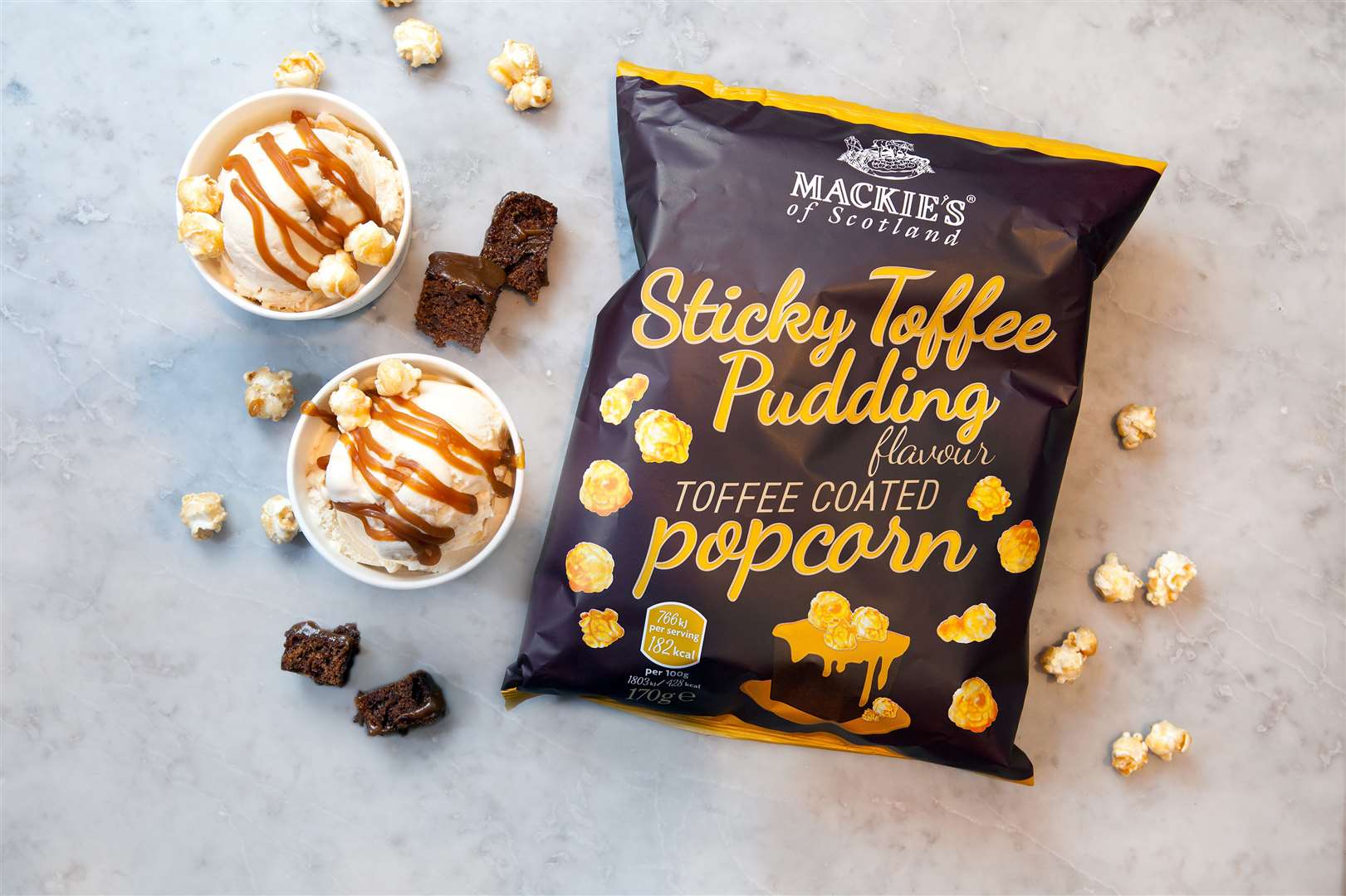Sticky toffee pudding popcorn is the latest permanent product from Mackie's.