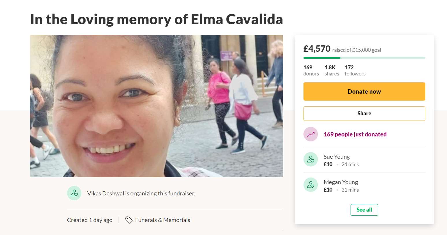 Elma Cavalida arrived in the UK 10 years ago from the Philippinnes (GoFundMe/PA)