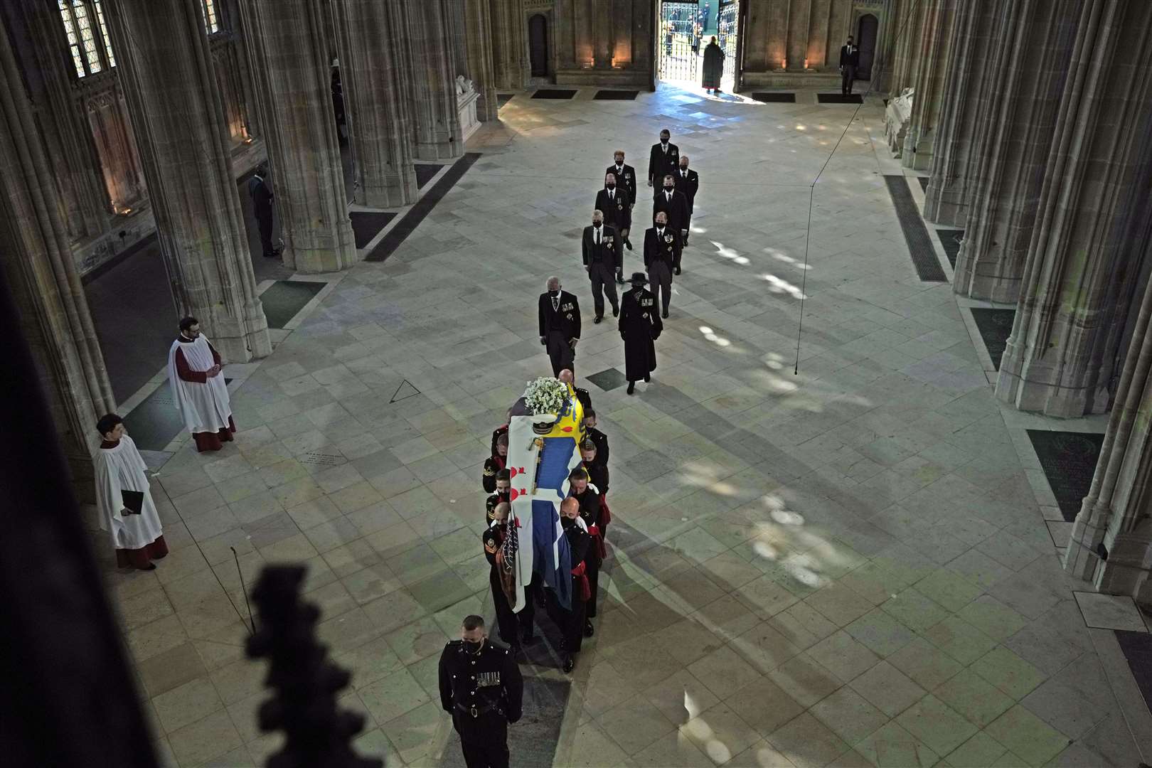 The Duke of Edinburgh’s coffin enters St George’s Chapel (Danny Lawson/PA)