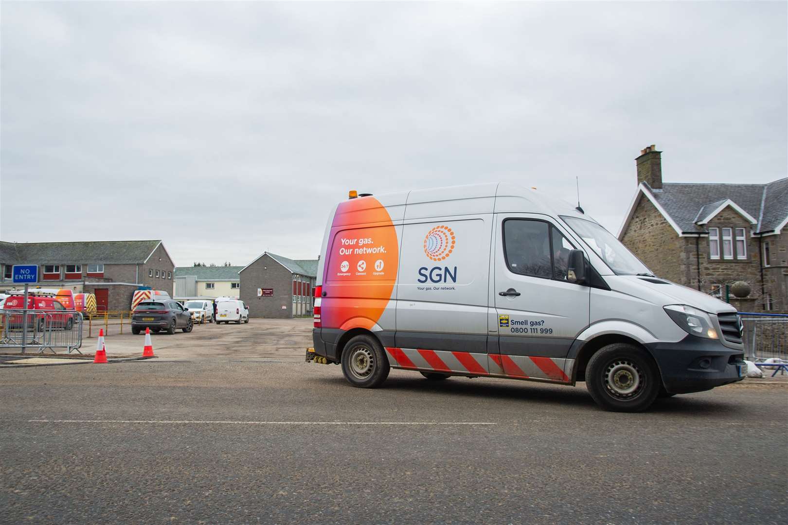 SGN vans near Keith Grammar School as engineers worked to restore gas for customers after a second major outage in weeks. Picture: Daniel Forsyth.