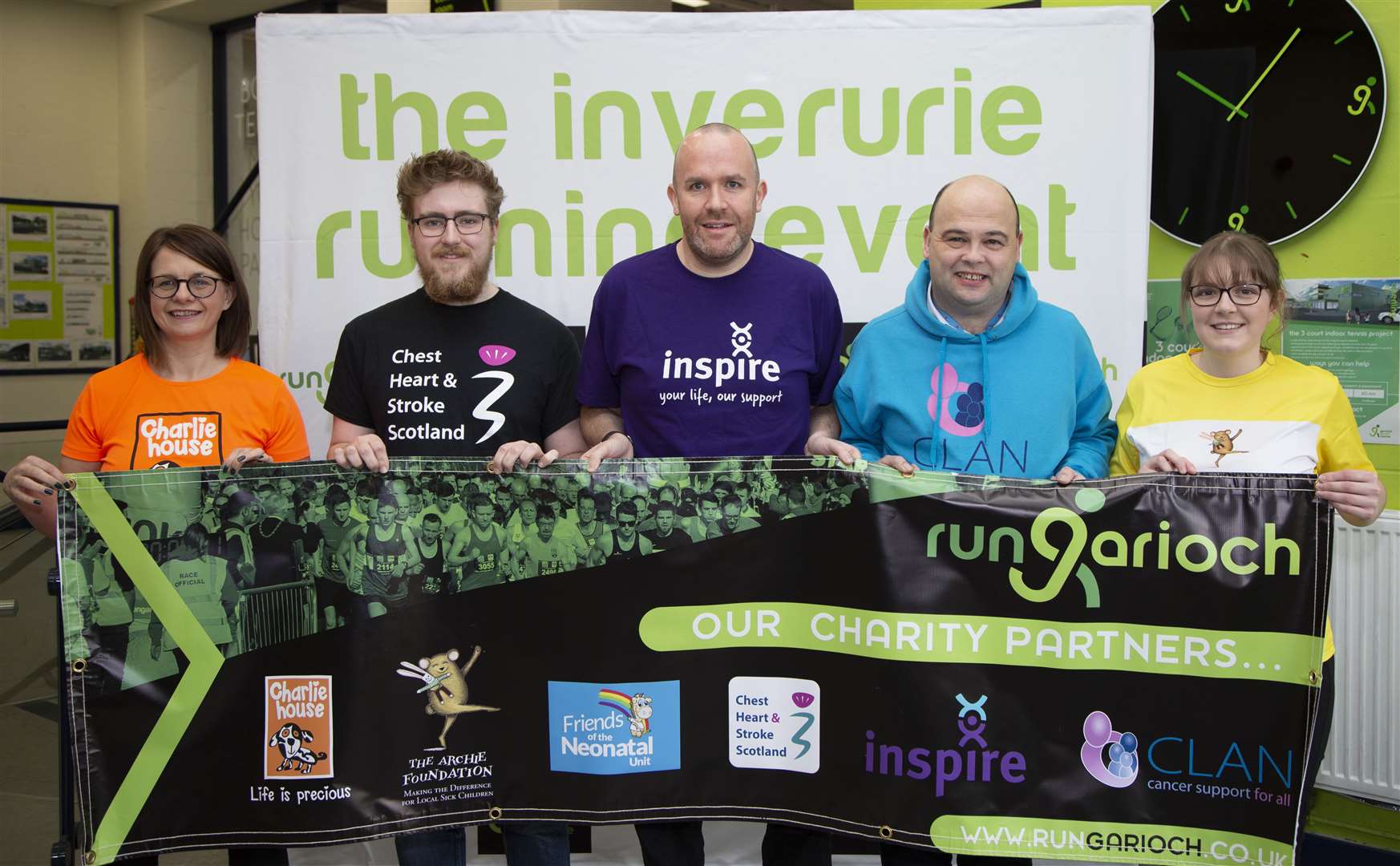 Run Garioch’s charity partners Donna Deans (Charlie House), Oliver Middleton (Chest Heart & Stroke Scotland), Andrew Reid (Inspire PTL), Neil Martin (CLAN) and Chloe Jackson (The Archie Foundation). Picture: Paul Douglas