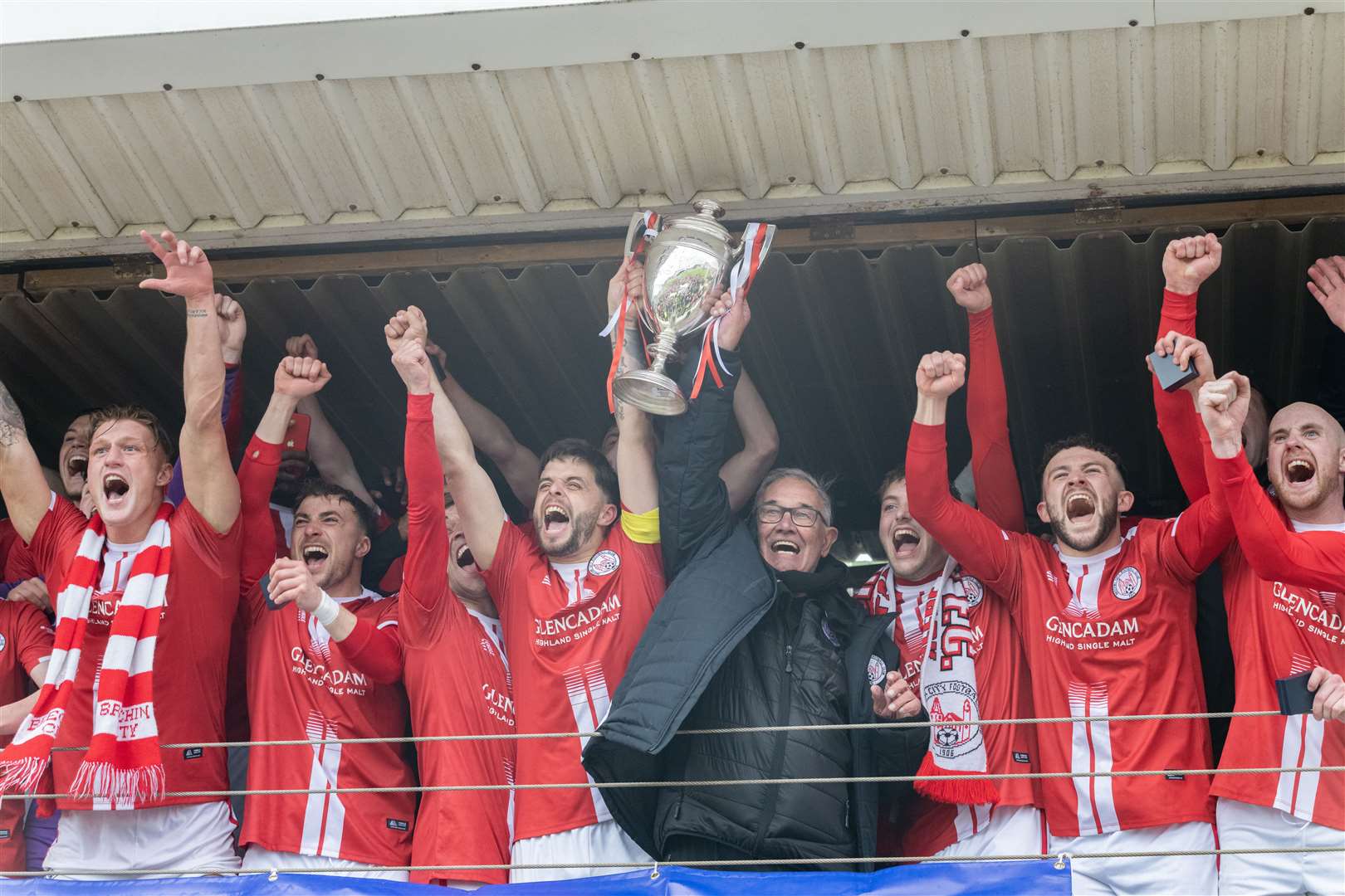 Brechin City lifting the trophy. ..Buckie Thistle F.C. v Brechin City F.C. Highland League Final at Victoria Park. ..Picture: Beth Taylor.