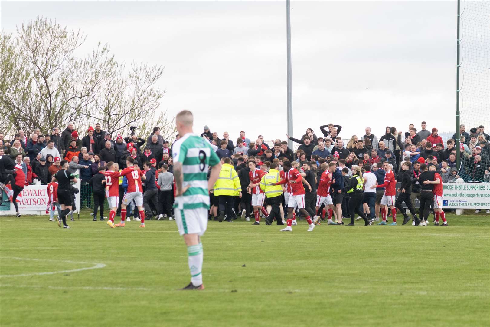 Brechin fans invade the pitch after their first goal. ..Buckie Thistle F.C. v Brechin City F.C. Highland League Final at Victoria Park. ..Picture: Beth Taylor.