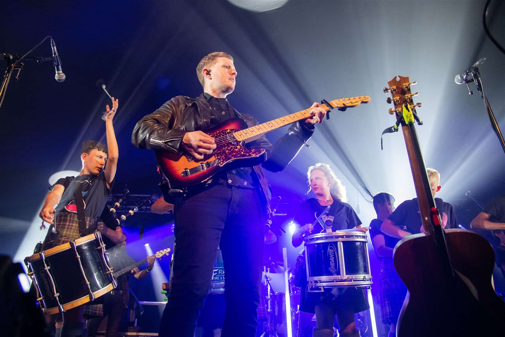 Alex Dalglish and Skerryvore were also joined by the Gordonstoun Pipe Band as they closed the festival on the Sunday night. Picture: Daniel Forsyth..