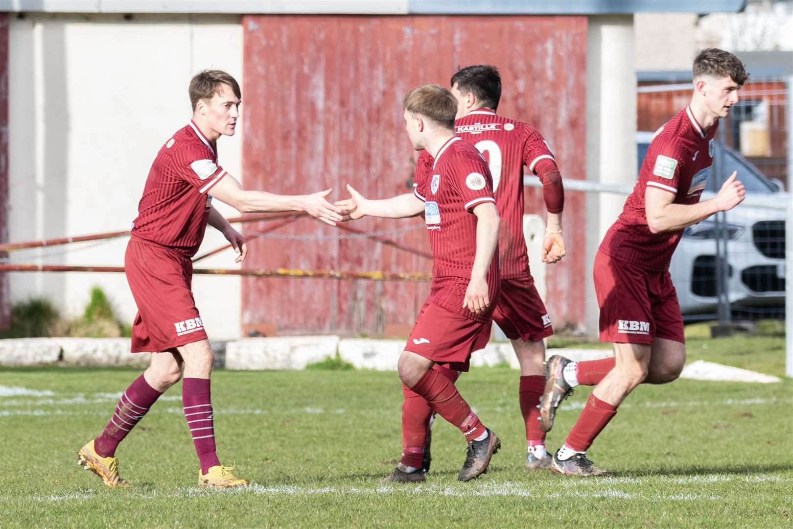 Keith celebrating Gavin Elphinstone's opening goal for the Maroons in Saturday's 6-2 defeat to Forres. Picture: Beth Taylor.