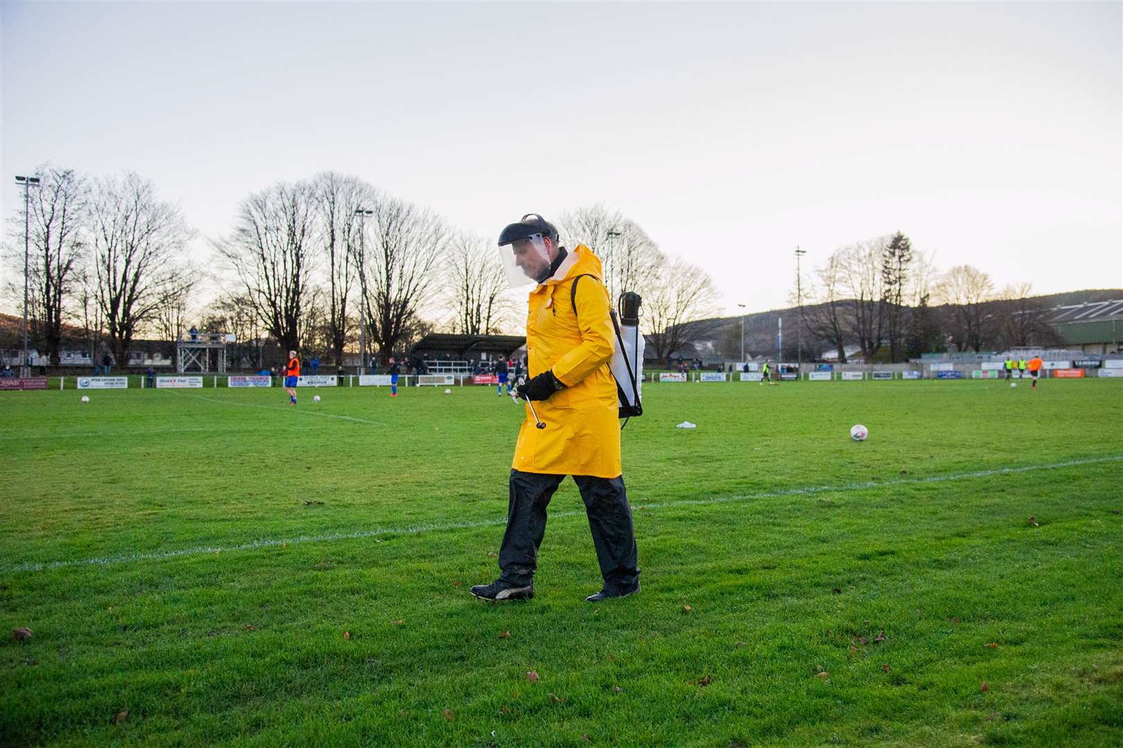 A sign of the times as full PPE is required to santise the corner flags, balls and goals...Rothes FC (1) vs Huntly FC (0) - Highland Football League - Mackessack Park , Rothes 28/11/2020...Picture: Daniel Forsyth..