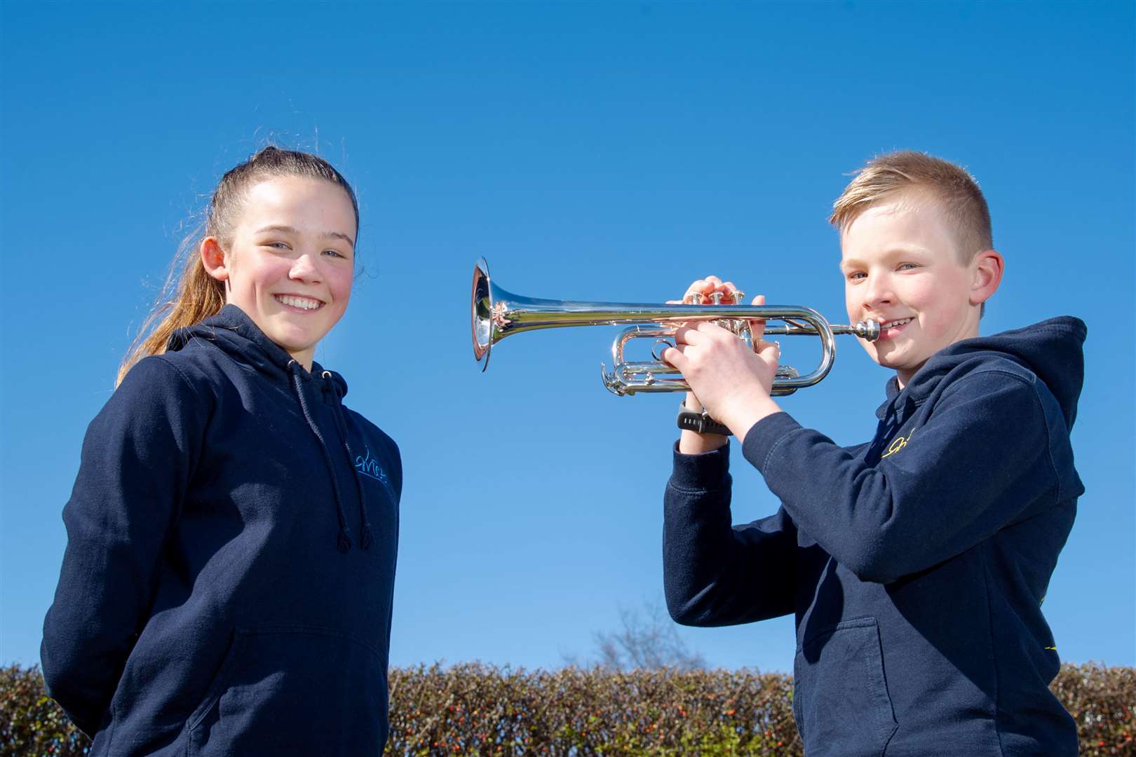 Young musicians Finlay and Kate McLuckie as Moray Concert Brass appeals for new members. Picture: Daniel Forsyth.
