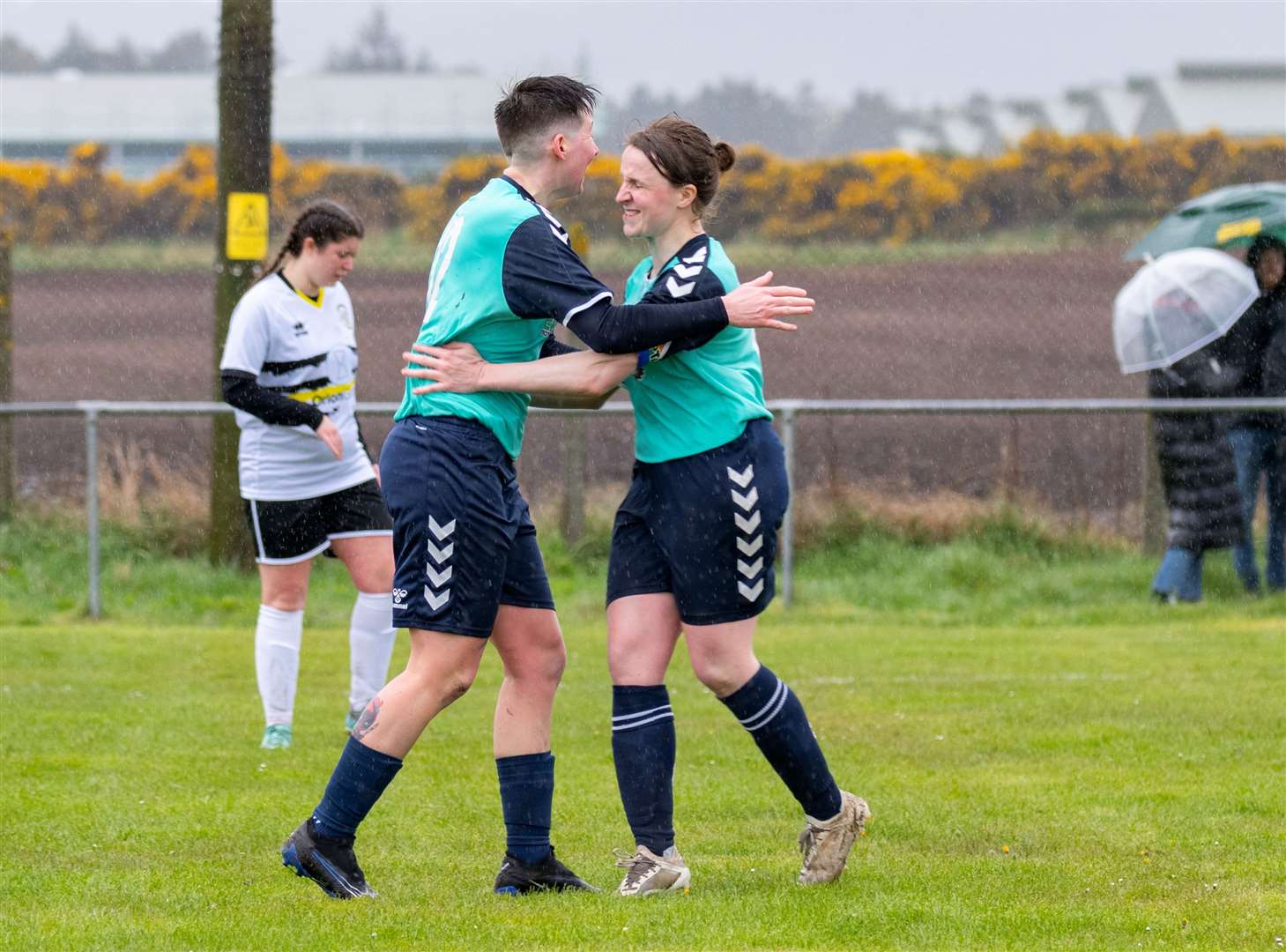 Rebecca McMillian celebrates with Jess Moore after the latter’s goal. Picture: Beth Taylor