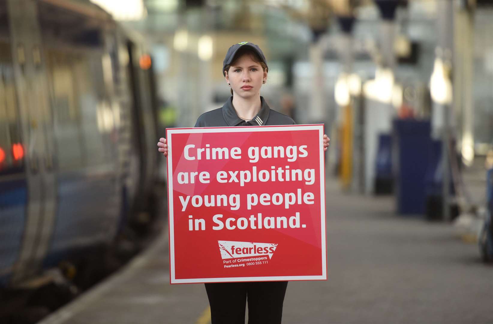 Police Scotland Youth Volunteers (PSYV) Carys Stewart, at Aberdeen Train Station promoting Fearless and Crimestoppers County Lines Campaign.