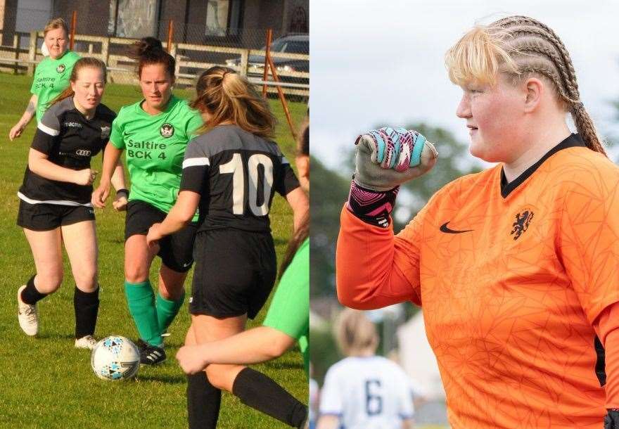 Buckie Ladies manager Laura Duncan (left, on the ball) and goalkeeper Sophia Golebiewski (right).