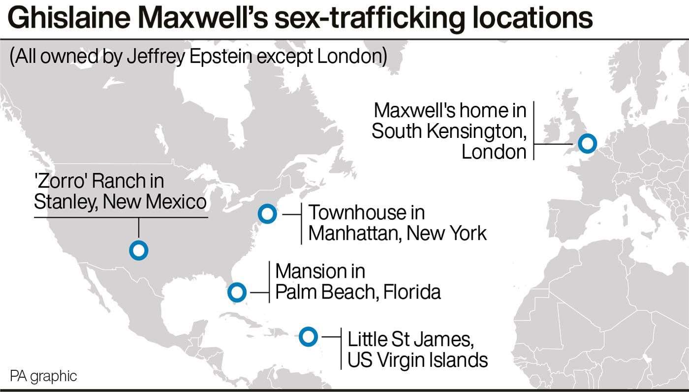 Ghislaine Maxwell’s sex-trafficking locations (PA Graphics)