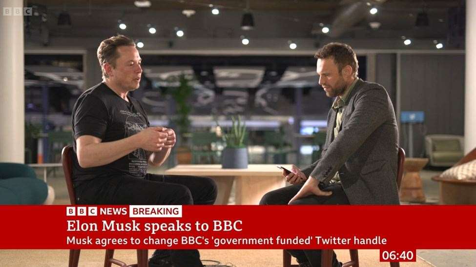 Twitter owner Elon Musk during an interview with James Clayton, right, for the BBC Breakfast show (BBC News/PA)