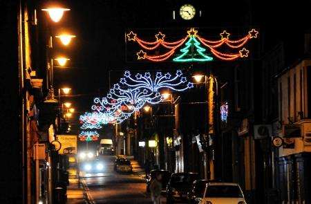 Mid Street is illuminated for Christmas.