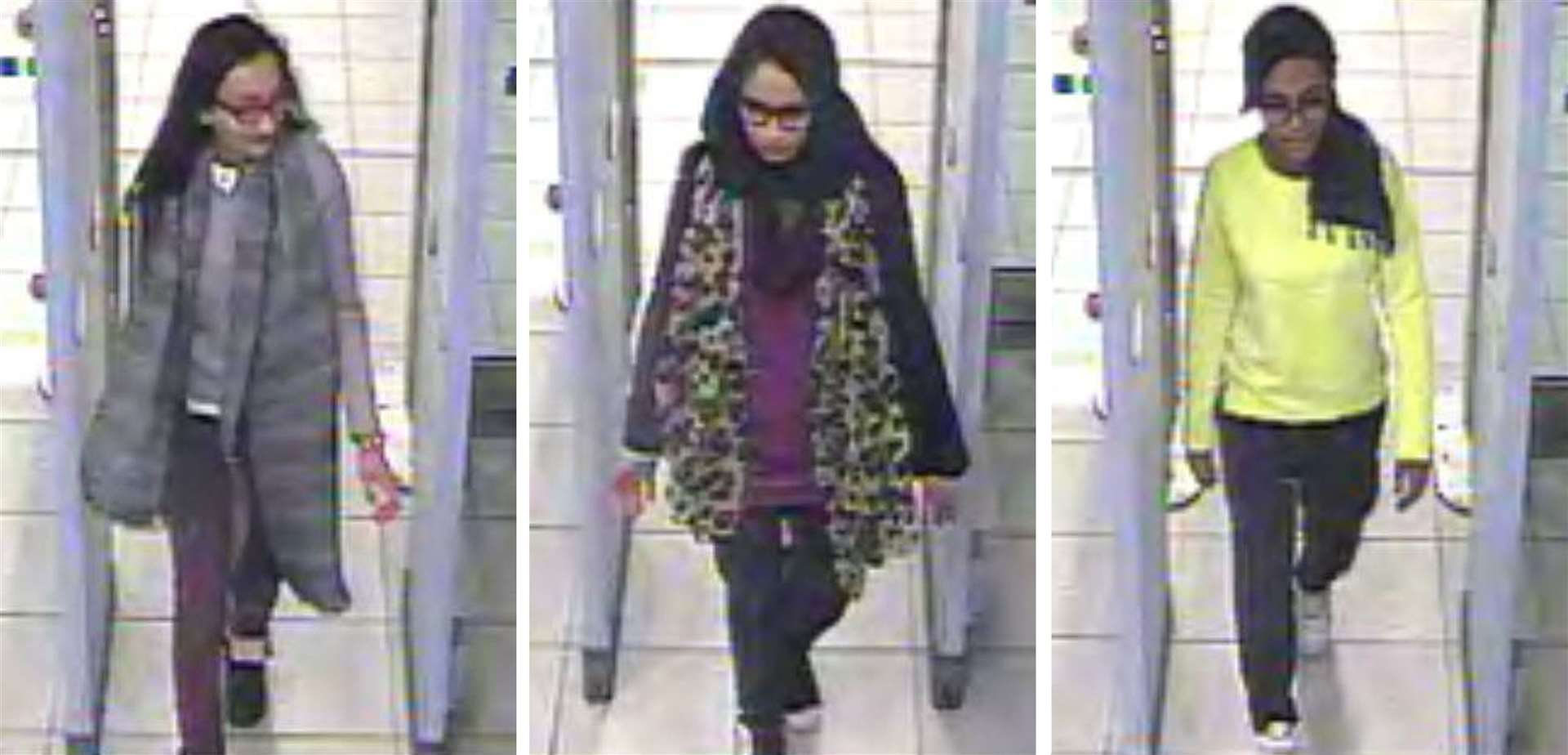 (L to R) Kadiza Sultana, Shamima Begum and Amira Abase caught on CCTV going through security at Gatwick Airport in 2015, before catching flight to Turkey (Metropolitan Police/PA)