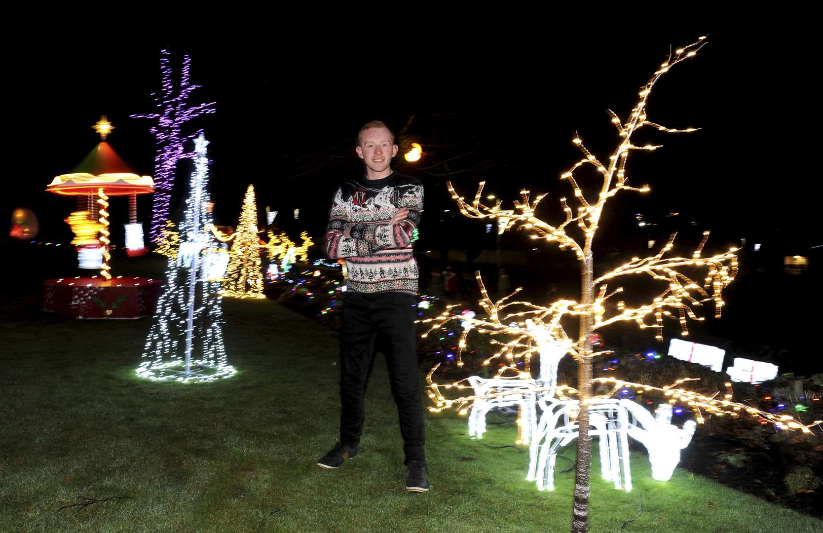 Callum Stuart at home in Keith with a flood of Christmas lights. Picture: Eric Cormack..