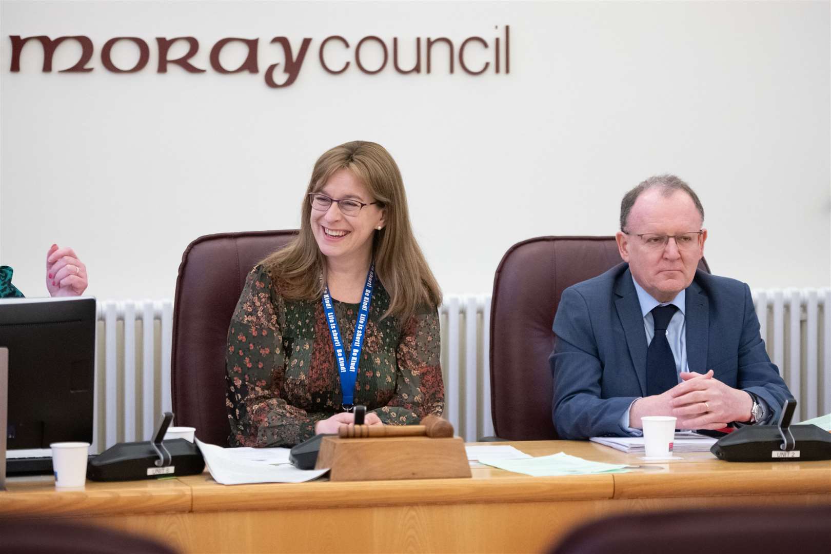 Council leader Council Kathleen Robertson shares a lighter moment during the budget meeting, flanked by the local authority's chief executive Roddy Burns. Picture: Daniel Forsyth