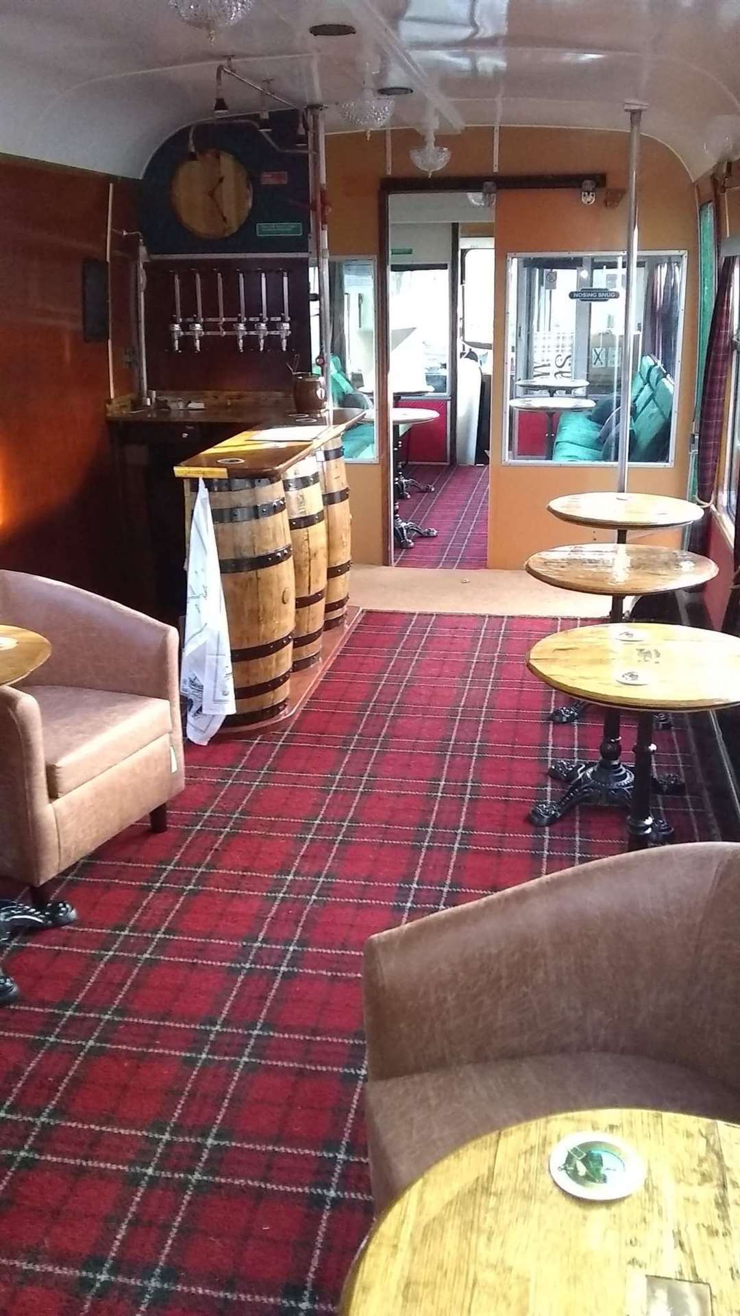 The inside of the newly refurbished Dram Tram. The train will be available for public functions next year.