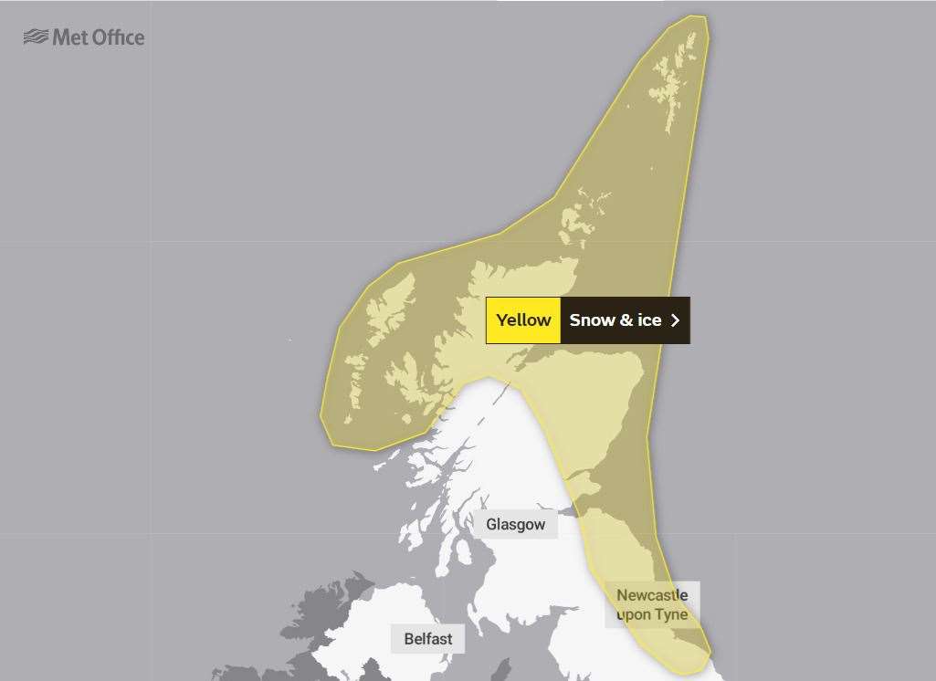 A yellow weather warning for snow and ice has been issued for Monday and Tuesday.