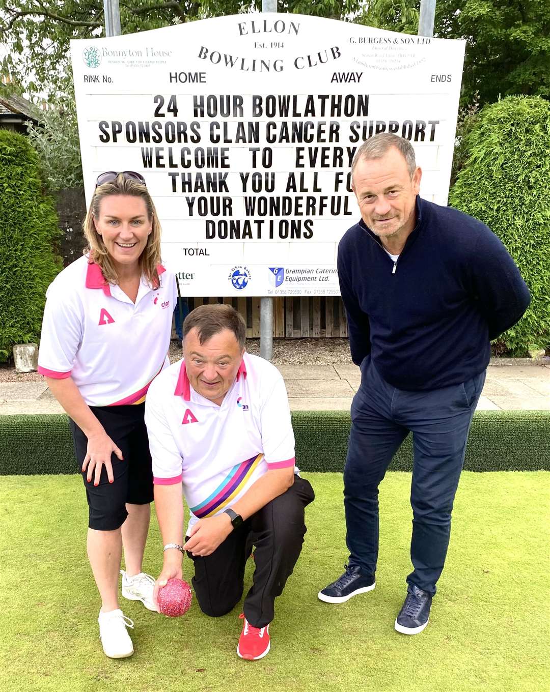 CLAN's Fiona McPherson with organiser Micheal Stephen and host Davie Robertson at Ellon Bowling Club. Picture: Phil Harman