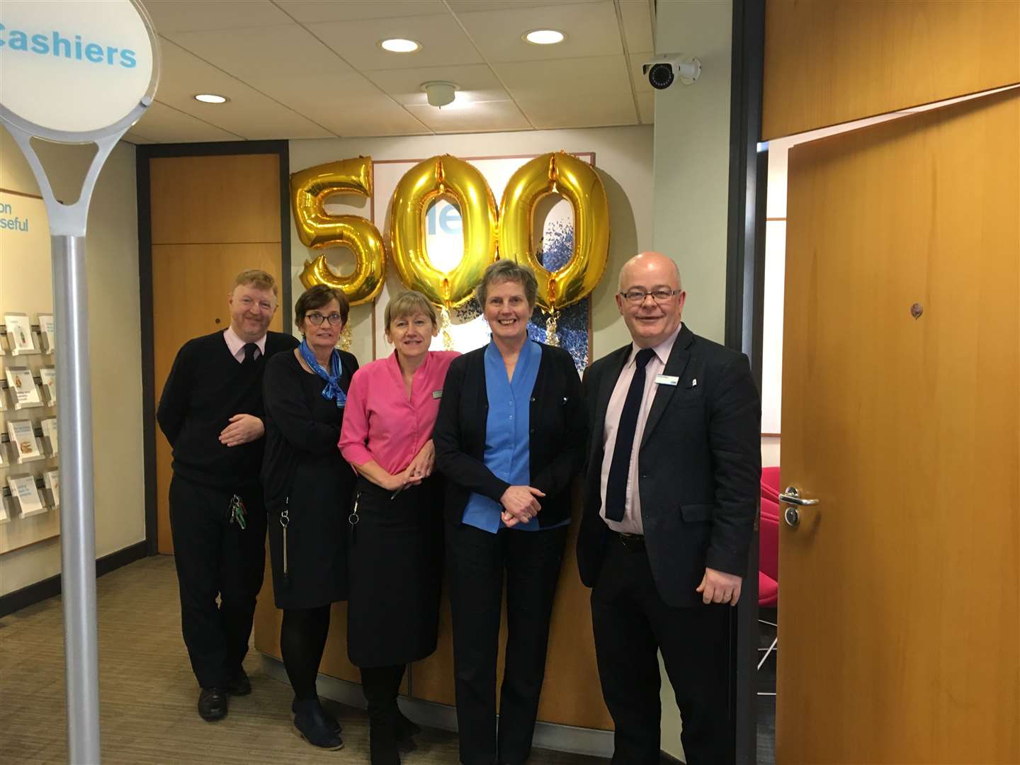 Waiting to welcome visitors to the mortgage open day are Buckie TSB staff members (from left) Iain Davidson, Rhonda McIntosh, Fiona Herd, Catherine Cowie and branch manager David Ettles.