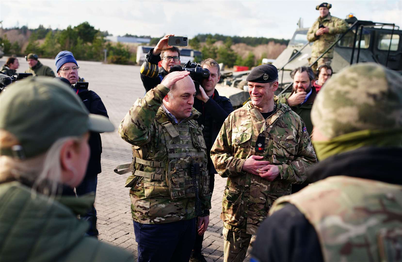 Defence Secretary Ben Wallace met Ukrainian soldiers during a visit to Bovington Camp to view their tank training (Ben Birchall/PA)