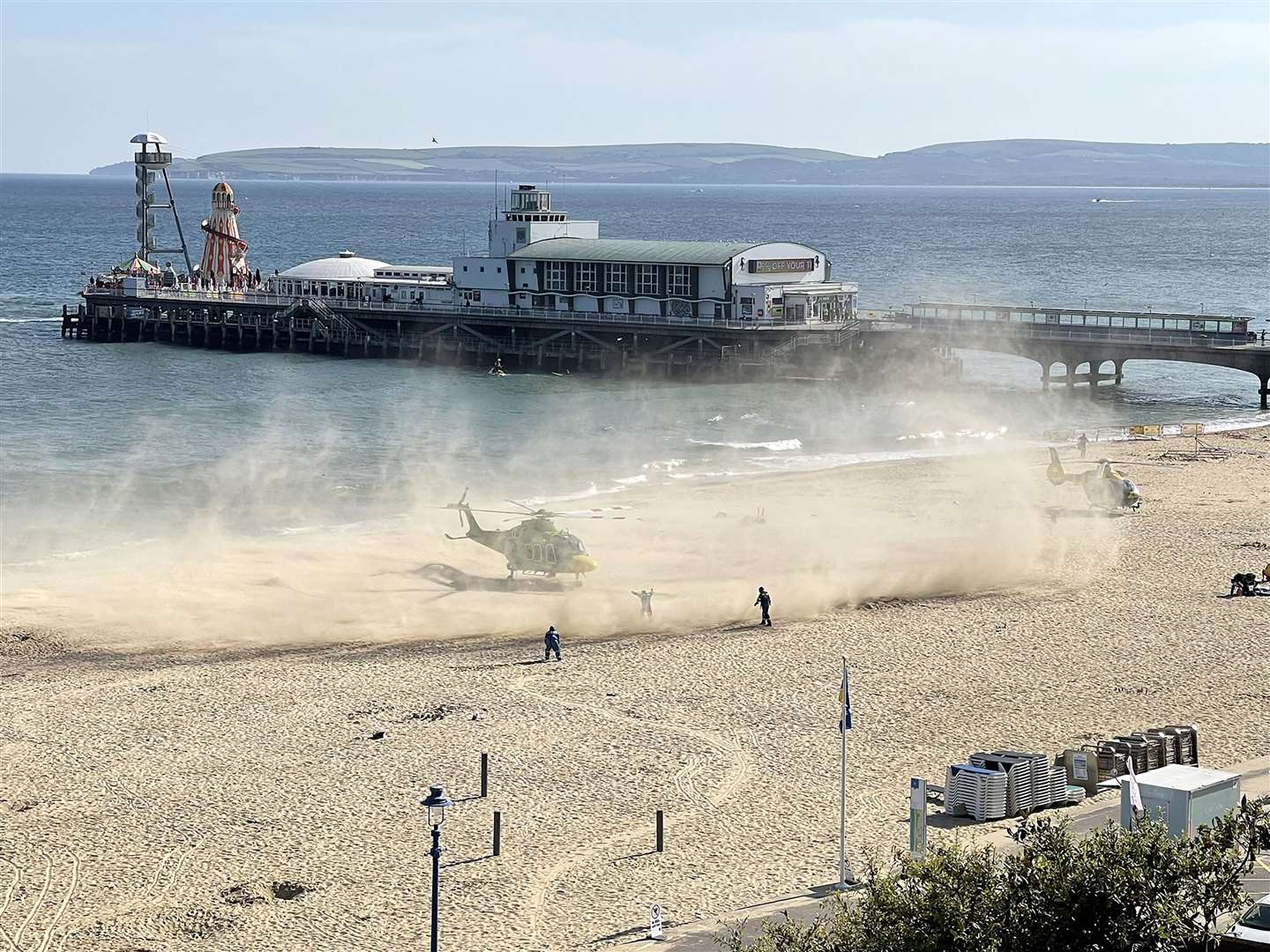 Helicopters on Bournemouth beach after the incident on Wednesday (Professor Dimitrios Buhalis/Twitter/PA)