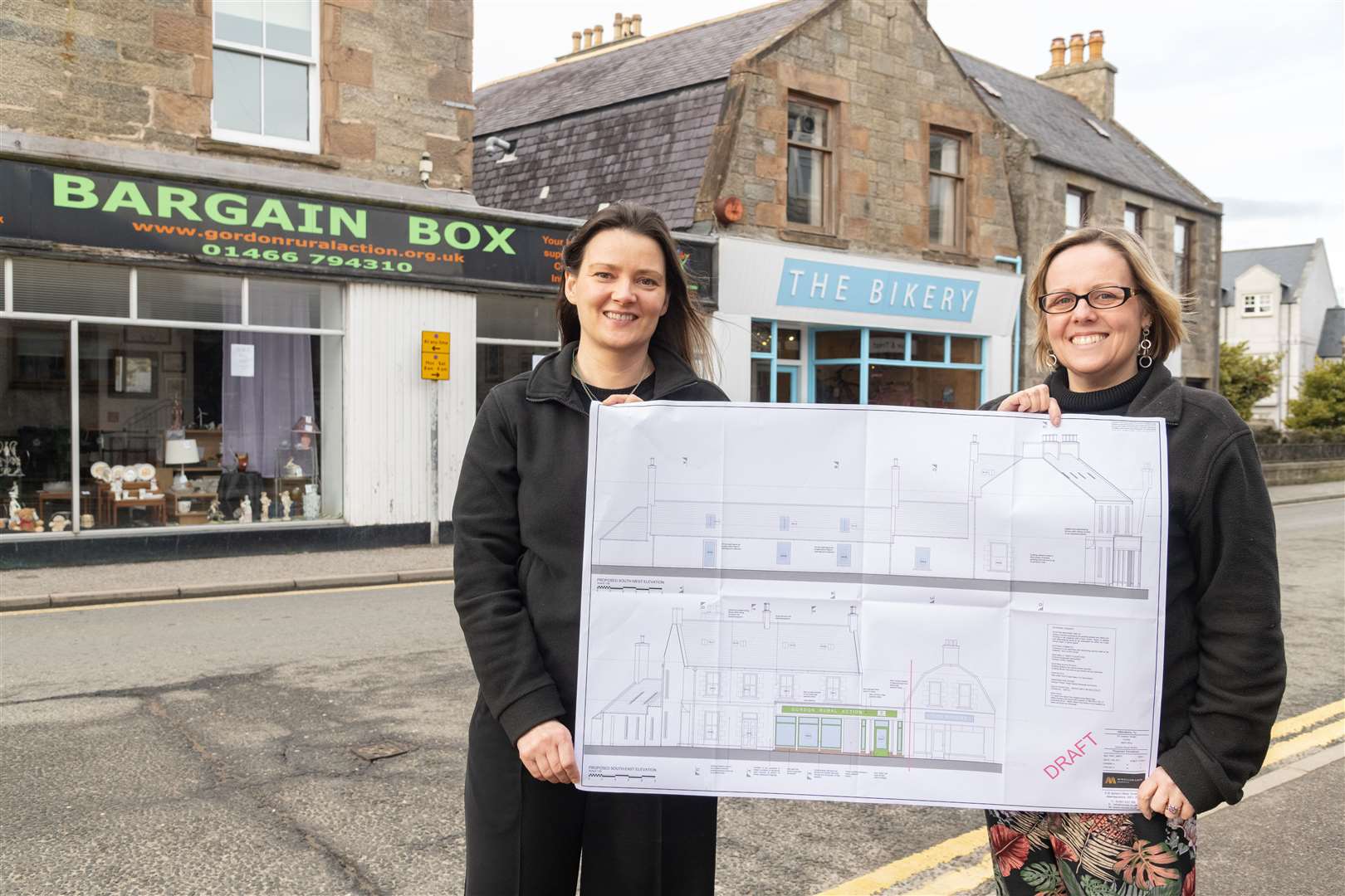 Laura McNeil (Fundraising and Retail Support Manager) and Emma Selway-Grant (Chief Officer) outside Gordon Rural Action in Huntly which is due to get refurbished...Picture: Beth Taylor.