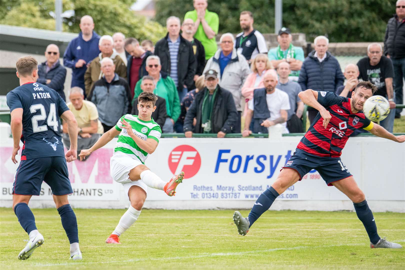 Buckie Thistle's Max Barry takes a chance...Buckie Thistle (1) vs Ross County (1) - Ross County win the penalty shootout - Premier Sports League Cup at Victoria Park, Buckie, 09/07/2022...Picture: Daniel Forsyth..