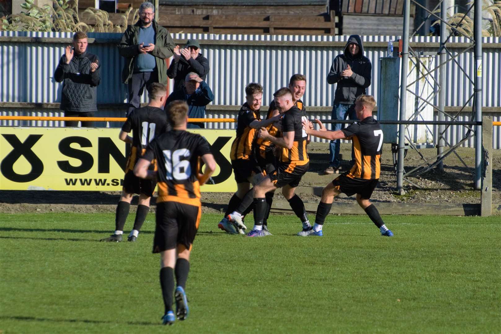 Huntly celebrate James Connelly's opener in the 2-0 win over Strathspey on Saturday. Picture: Derek Lowe