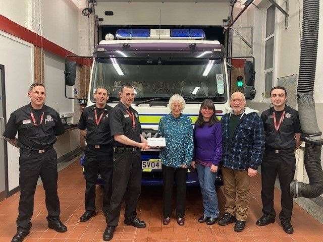 Firefighter Stephen Murray presents a cheque to Anne Barnes from the PCA. looking on are (from left) Firefighter Paul Whibley, Crew Commander John Jappy, Sarah McKinley (PCA), Nigel McKinley (PCA) and Firefighter Brennan Dawson. Picture: Cullen fire station