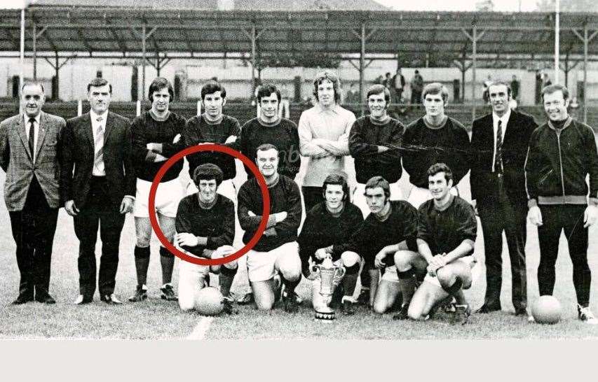 Johnnie Cowie (circled) with fellow Jags team members with the 1970-71 League Cup which they won with a 6-1 victory over Clach.