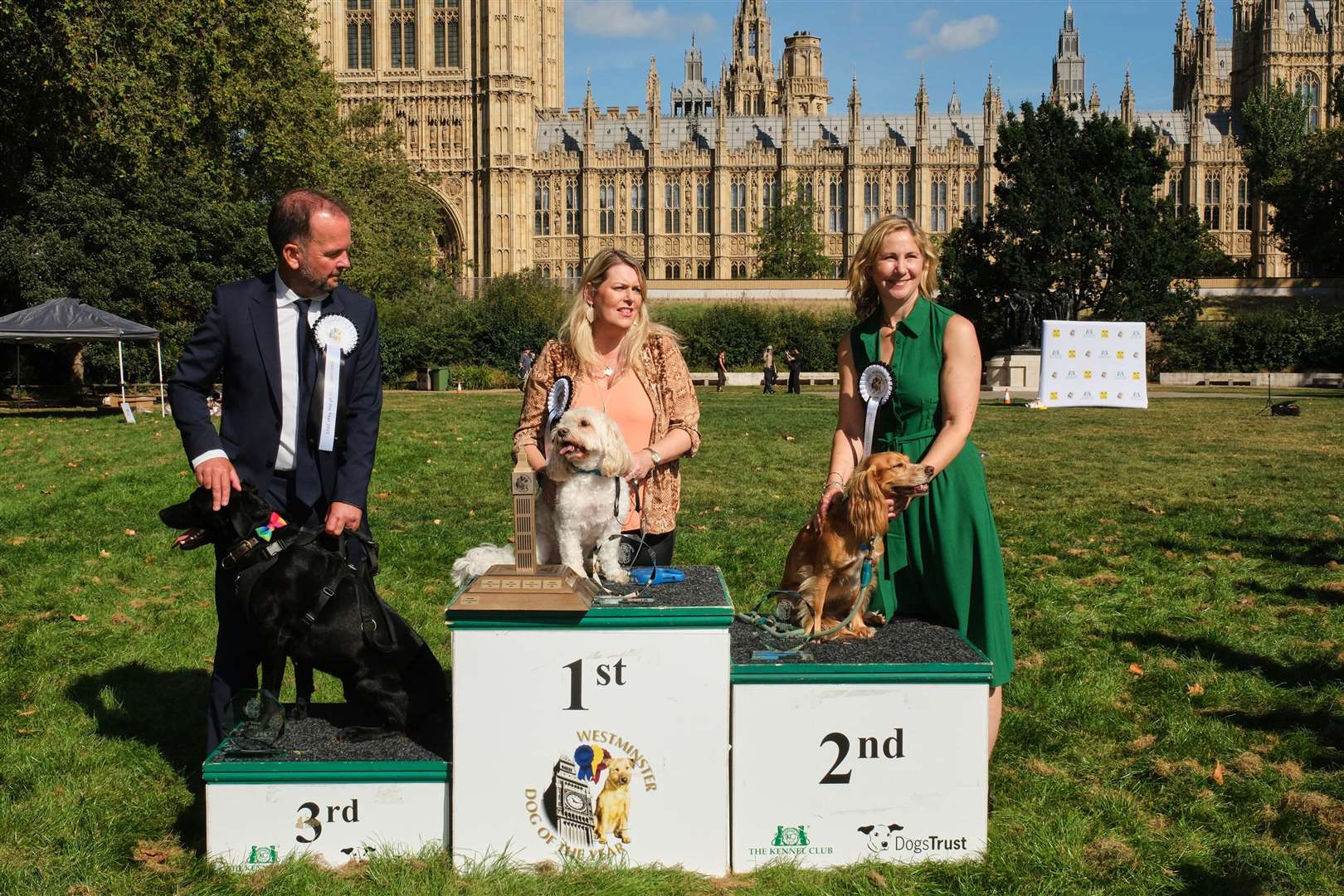 From left: James Daly wins third place with Bertie, Mims Davies wins first place with TJ and Anna McMorrin wins second place with Cadi (Michael Leckie/PA)