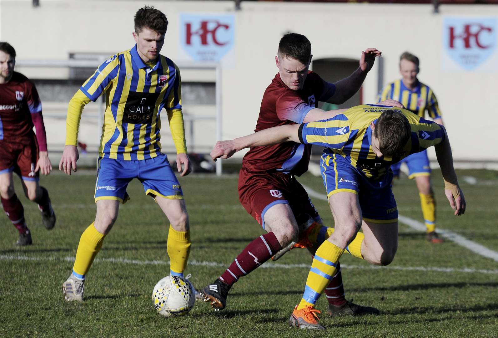 Ryan Robertson (centre) had a good chance to score for Keith. Picture: Eric Cormack.