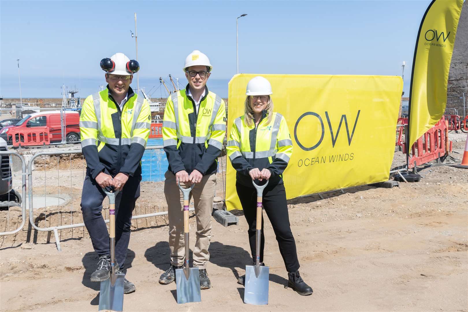 Minister for Energy Gillian Martin MSP breaks the ground for the new Buckie wind farm O&M base along with (left) Moray West O&M manager Jamie Dempster and Adam Morrison, project director at Ocean Winds. Picture: Beth Taylor