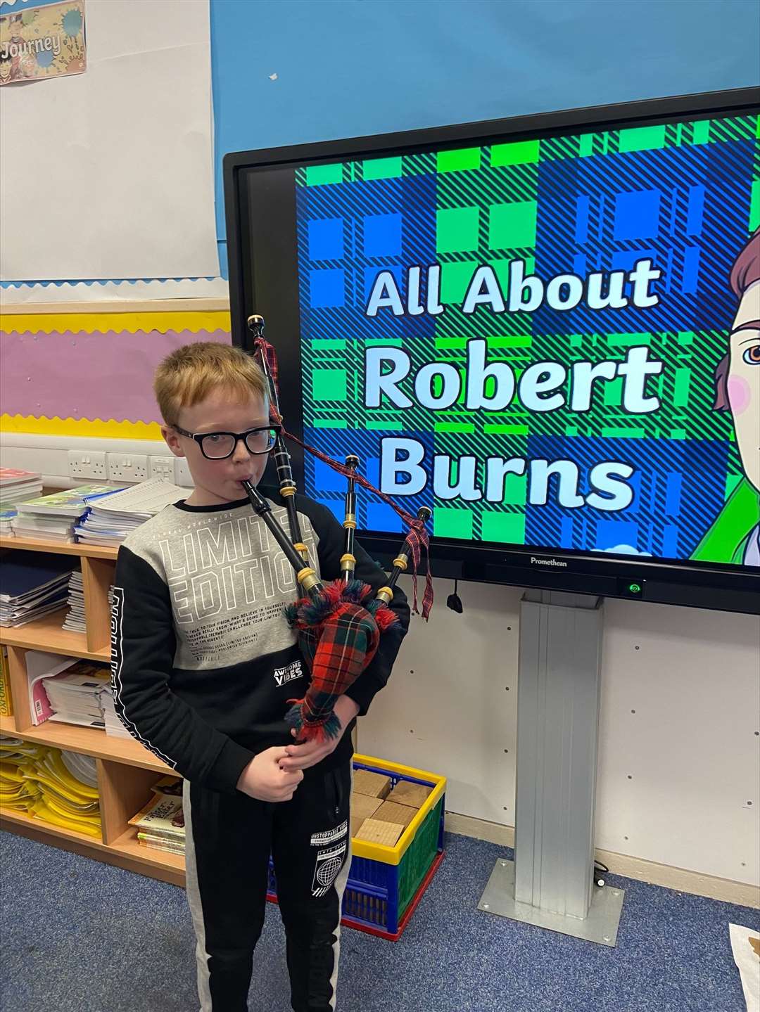 Jai Slater of P5Y salutes the Bard in traditional style. Picture: Cluny Primary