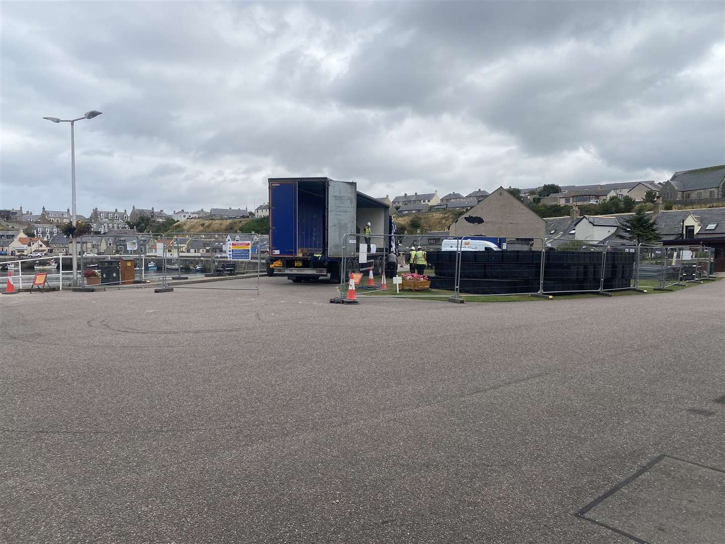 The pontoons are delivered to Findochty Harbour quayside awaiting installation. Picture HNM