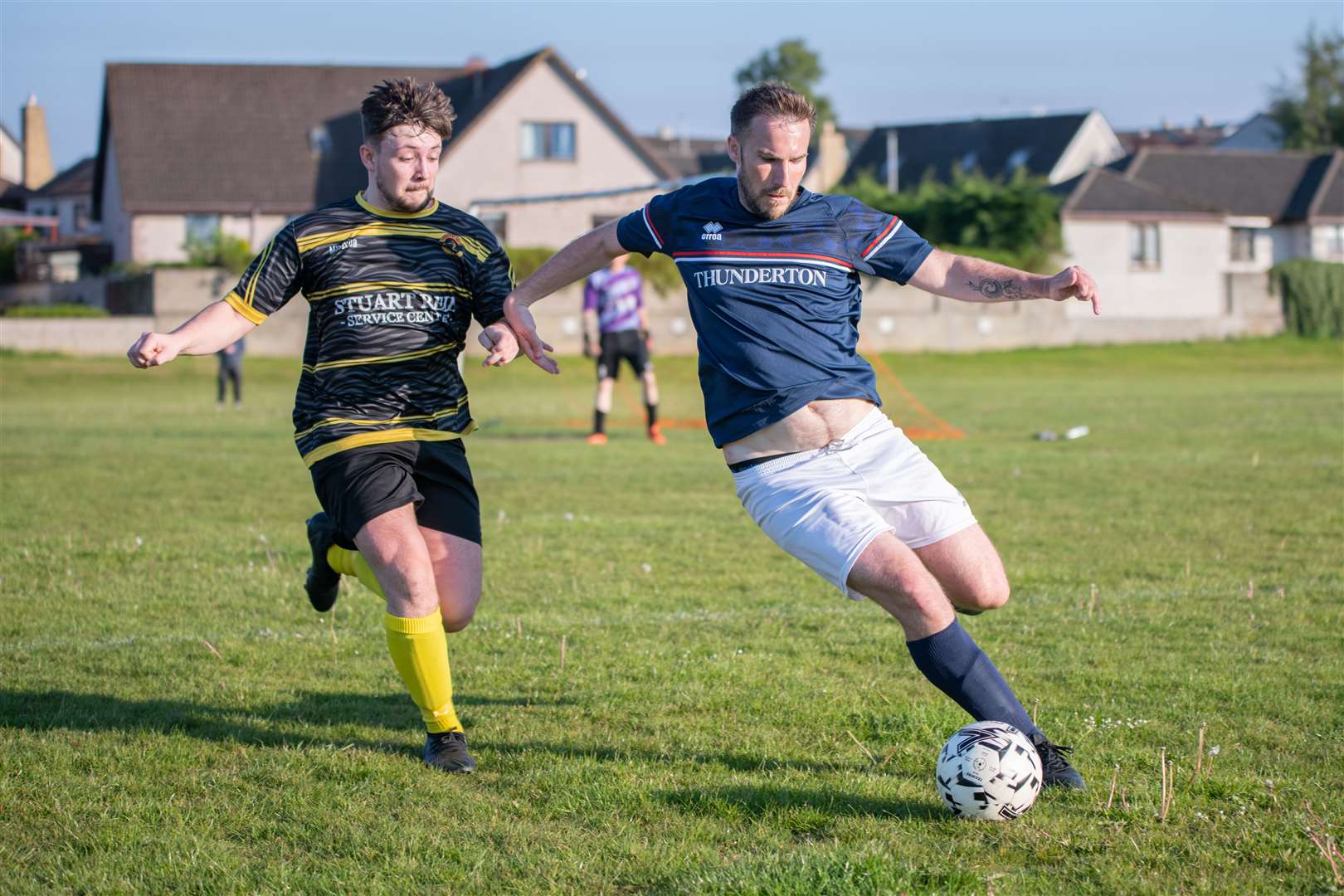 Chris Greene (right) netted a hat-trick for Thunderton against Rothes A. Picture: Daniel Forsyth