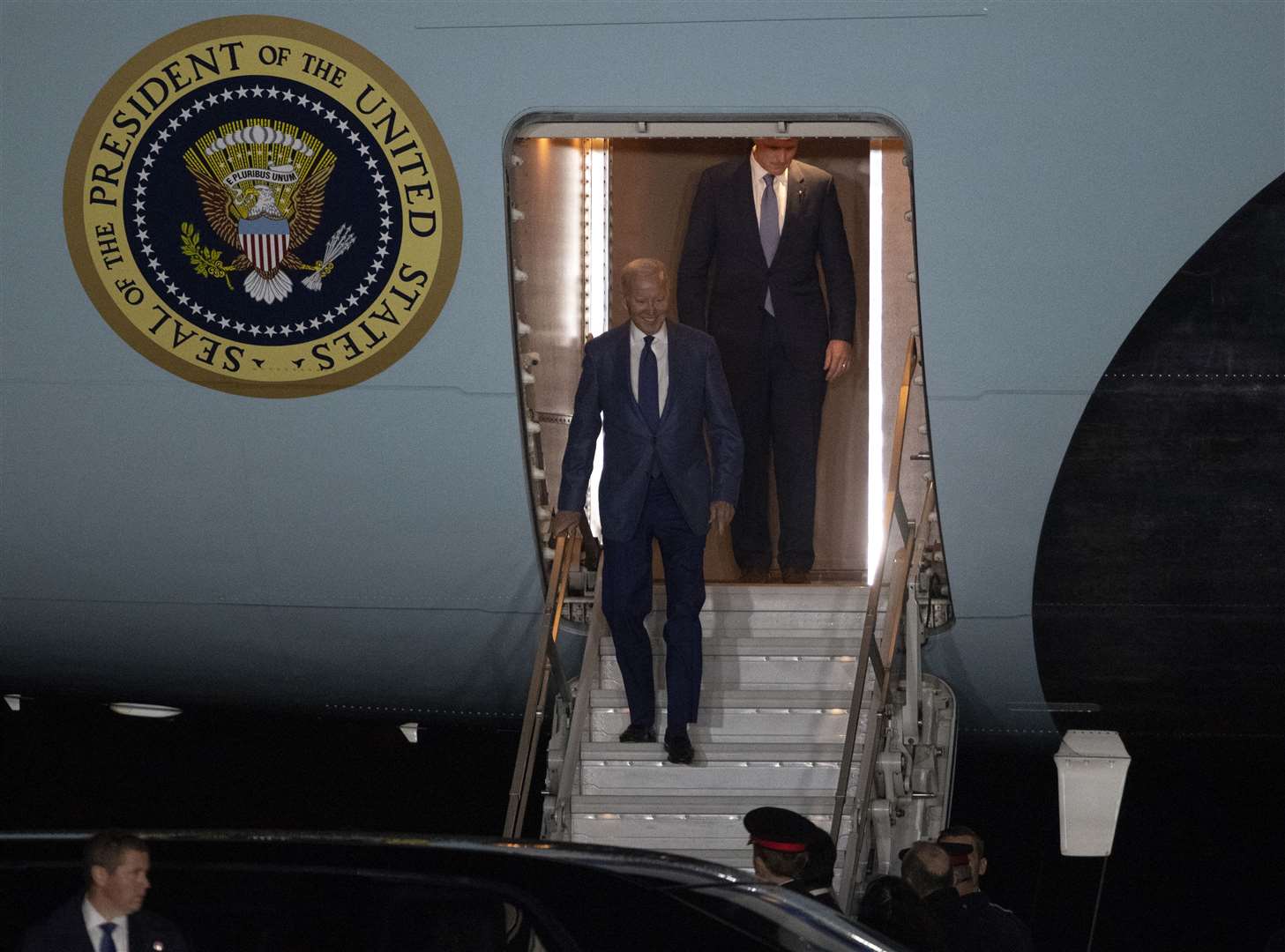 US President Joe Biden arrives on Air Force One at RAF Aldergrove airbase in County Antrim (Charles McQuillan/PA)