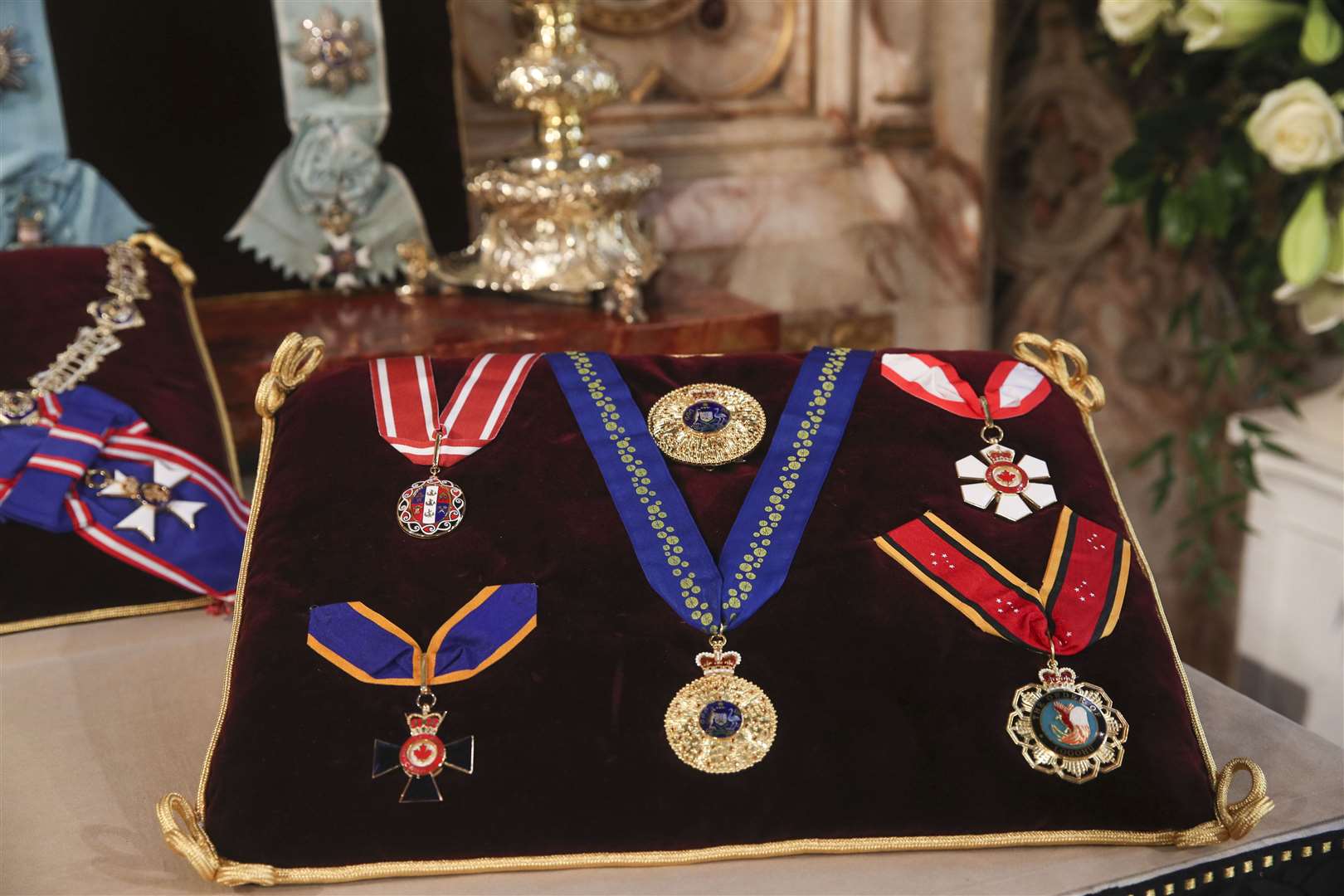 Insignia belonging to the Duke of Edinburgh placed on the altar in St George’s Chapel (Steve Parsons/PA)