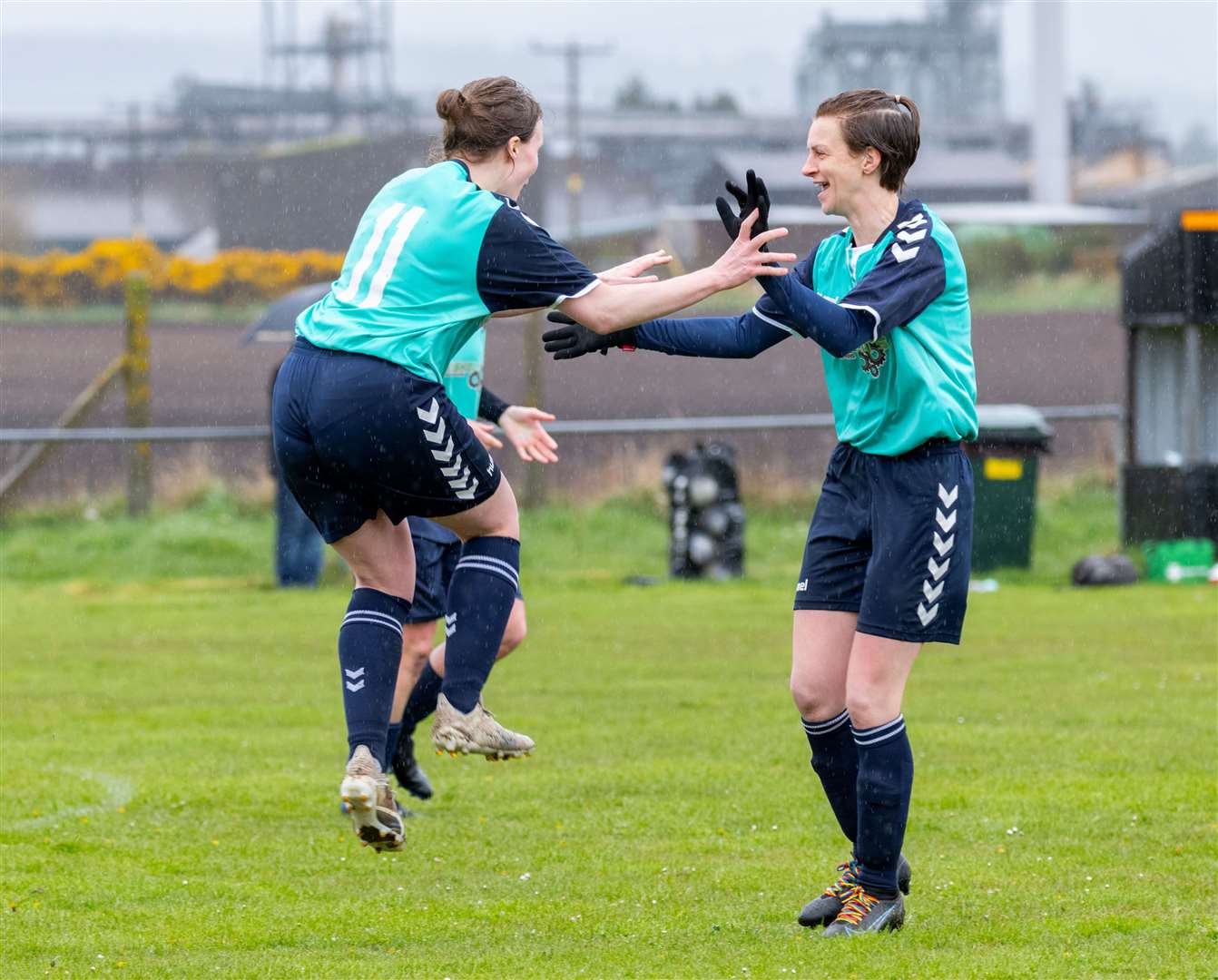 Rebecca McMillan celebrates with Gemma Geddes after her cross goes in off a Clach defender for the first goal of the second half. Picture: Beth Taylor