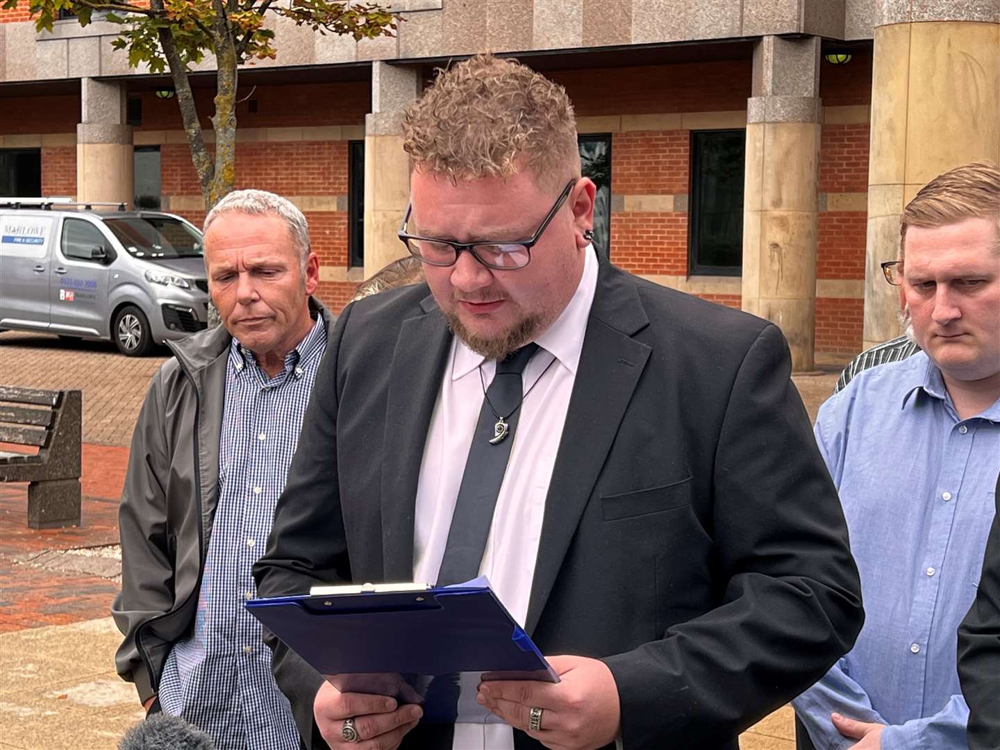 Stefan Green speaks outside Teesside Crown Court where his ex-partner Carol Hodgson was jailed for life for murdering their child (Tom Wilkinson/PA)