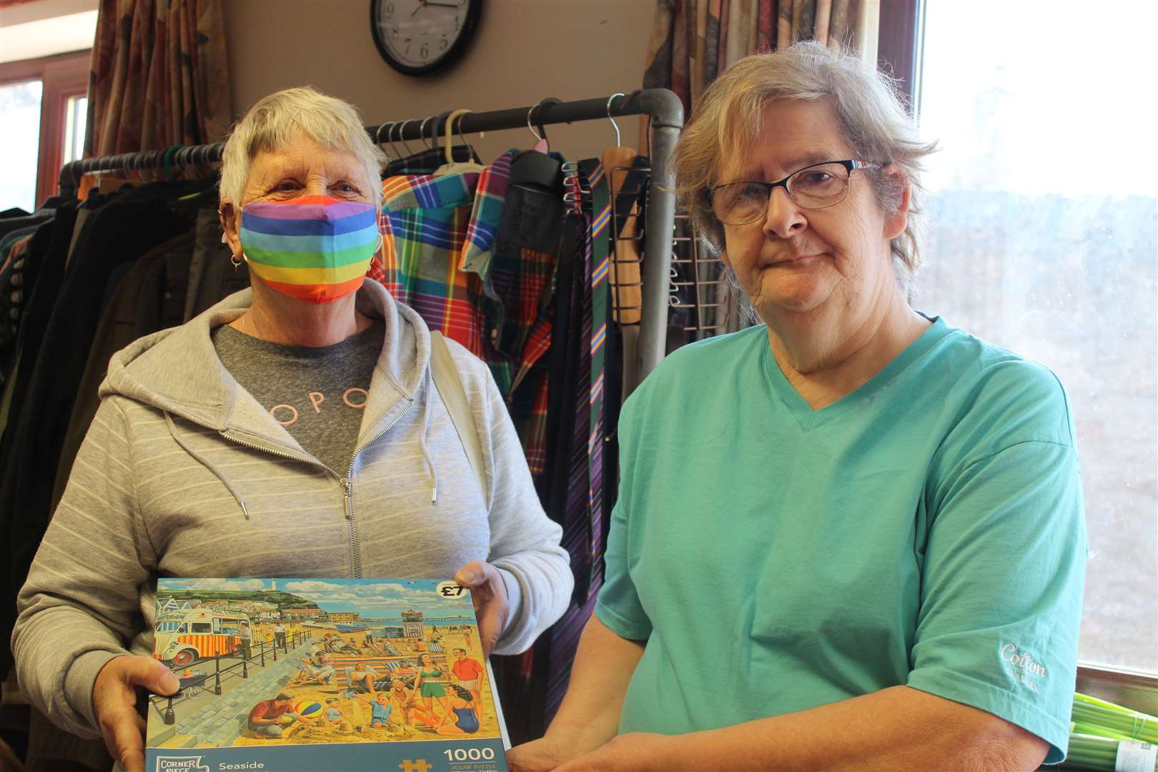 Satisfied customer Lesley Grigor (left) with Elizabeth Gray at Friday morning's Bargain Box in Kemnay village hall. Picture:Griselda McGregor