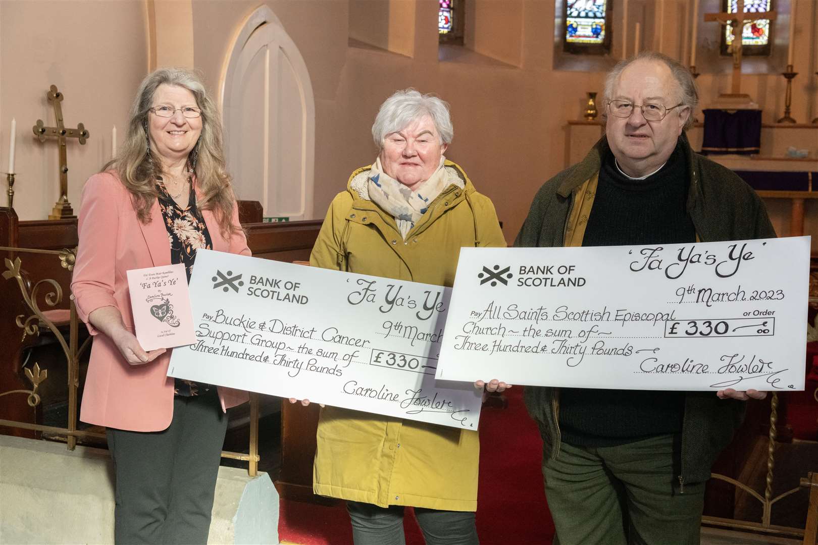 Caroline Fowler (left) presents cheques for £330 to Morag Campbell, chairwoman of Buckie and District Cancer Support Group, and Rev Canon Jeremy Paisey of All Saints Episcopal Church in Buckie. Picture: Beth Taylor