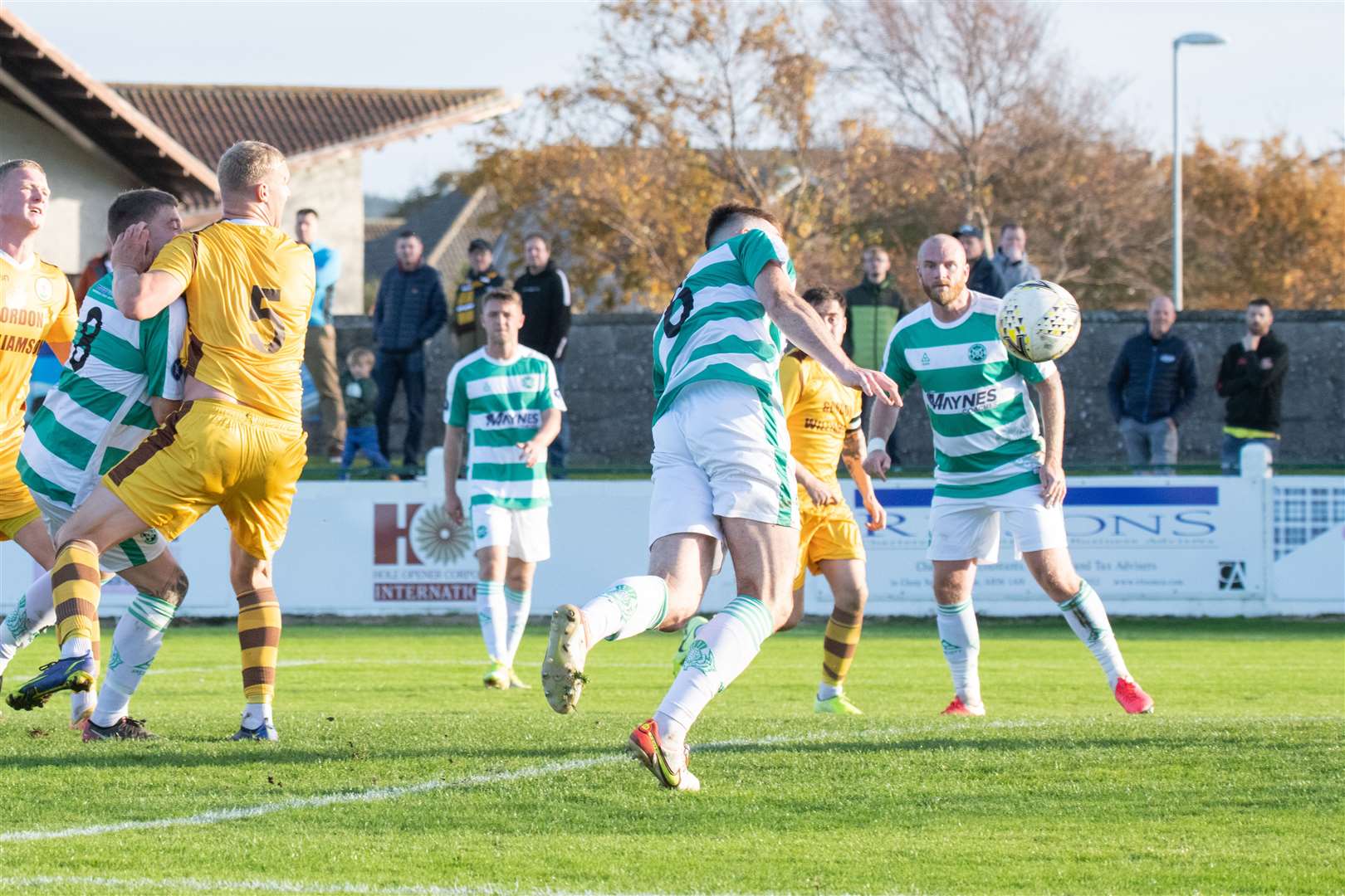 Buckie Thistle's Jack Murray heads home the opening goal for the Jags. ..Buckie Thistle FC (2) vs Forres Mechanics FC (0) - Highland Football League 22/23 - Victoria Park, Buckie 29/10/2022...Picture: Daniel Forsyth..