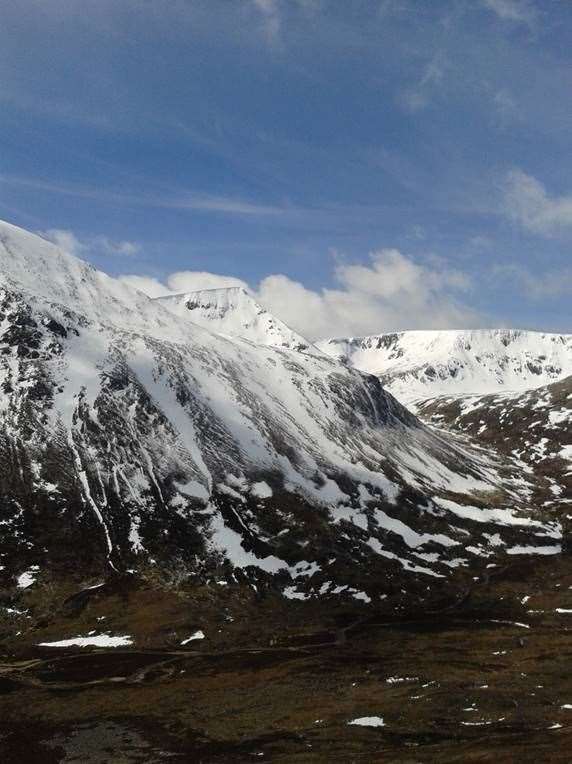 Looking across the Lairig Ghru to Sgor an Lochain Uaine, central Cairngorms.